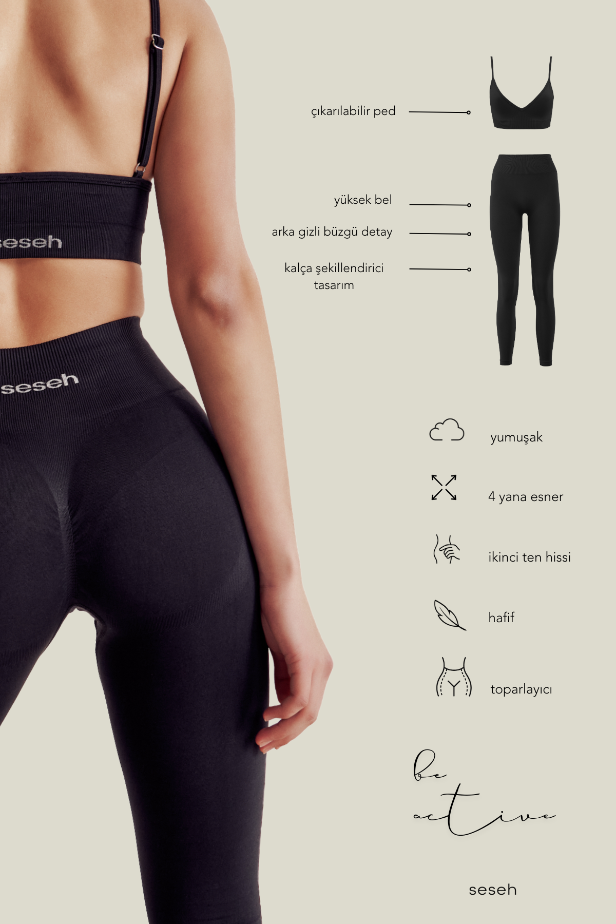 Vita Jet Black Black Seamless Scrunch Recovery Sports Tights