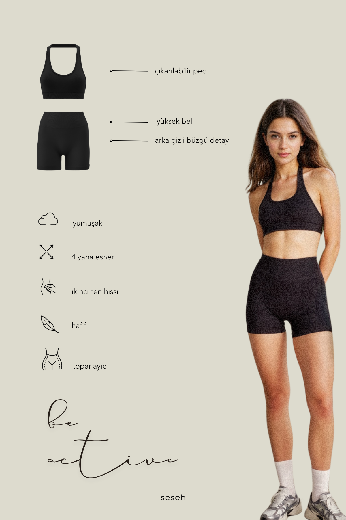Solis Black Seamless Sports Biker Shorts