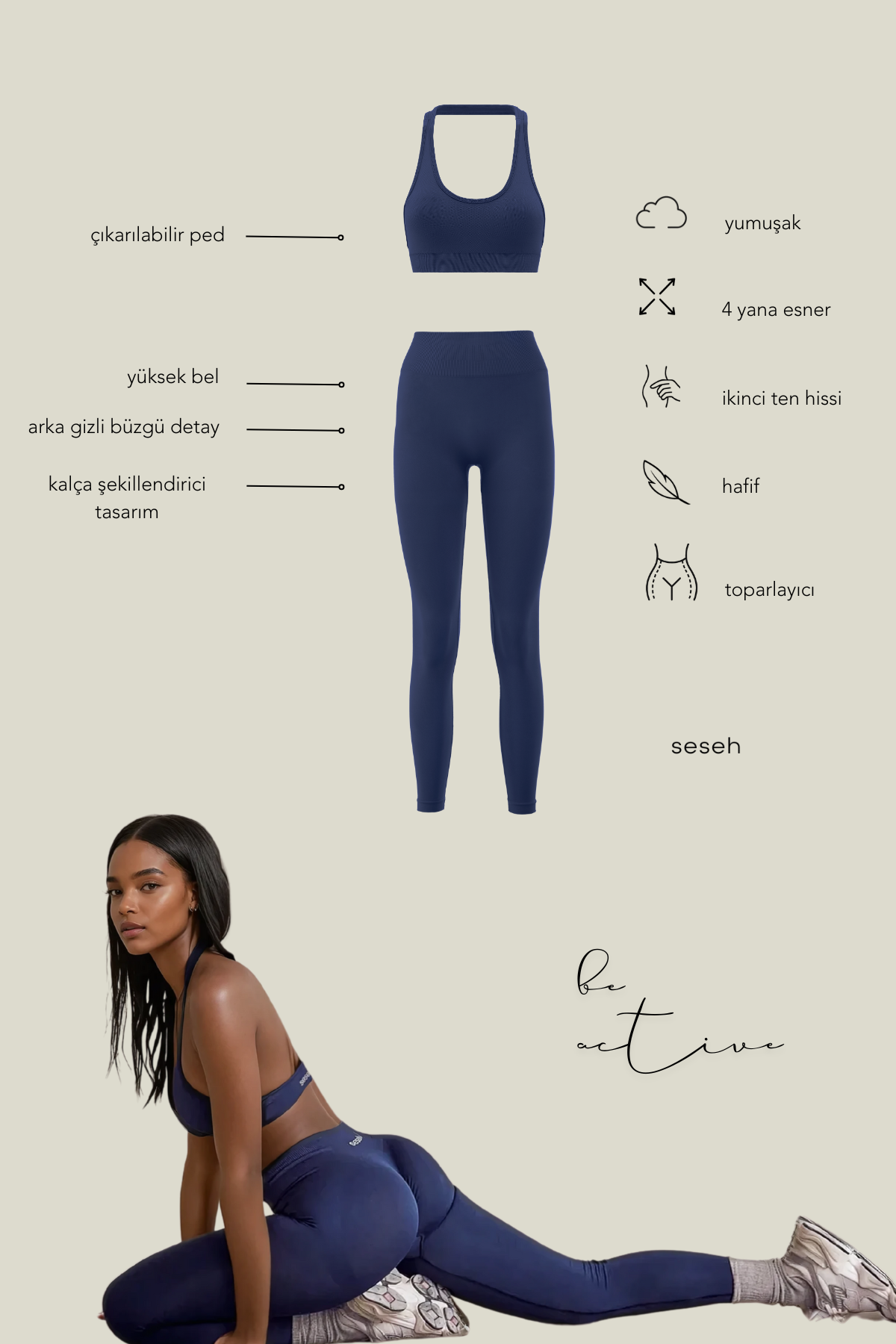 Vita Navy Seamless Scrunch Sports Tights
