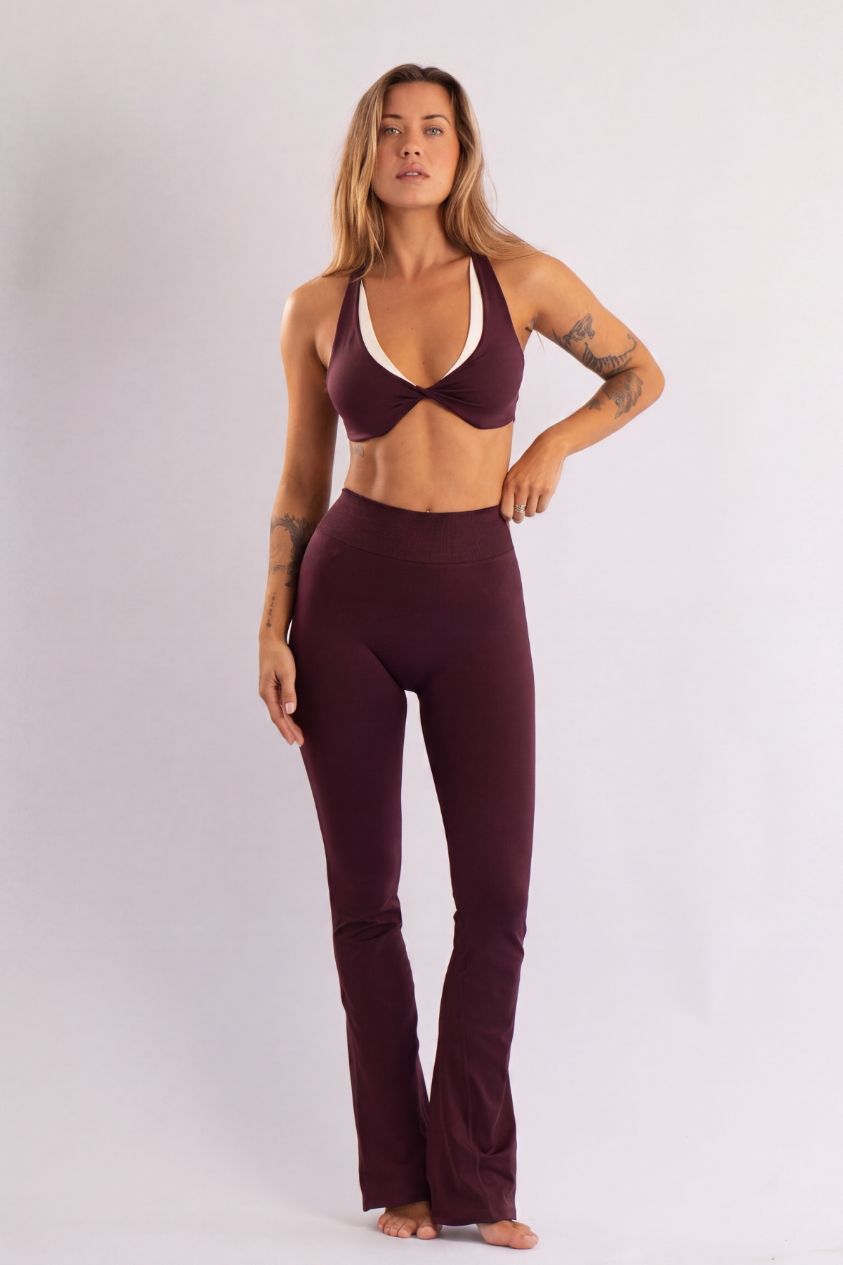 Seamless Takma Kemerli Yüksek Bel Flare Bordo İspanyol Paça Tayt 